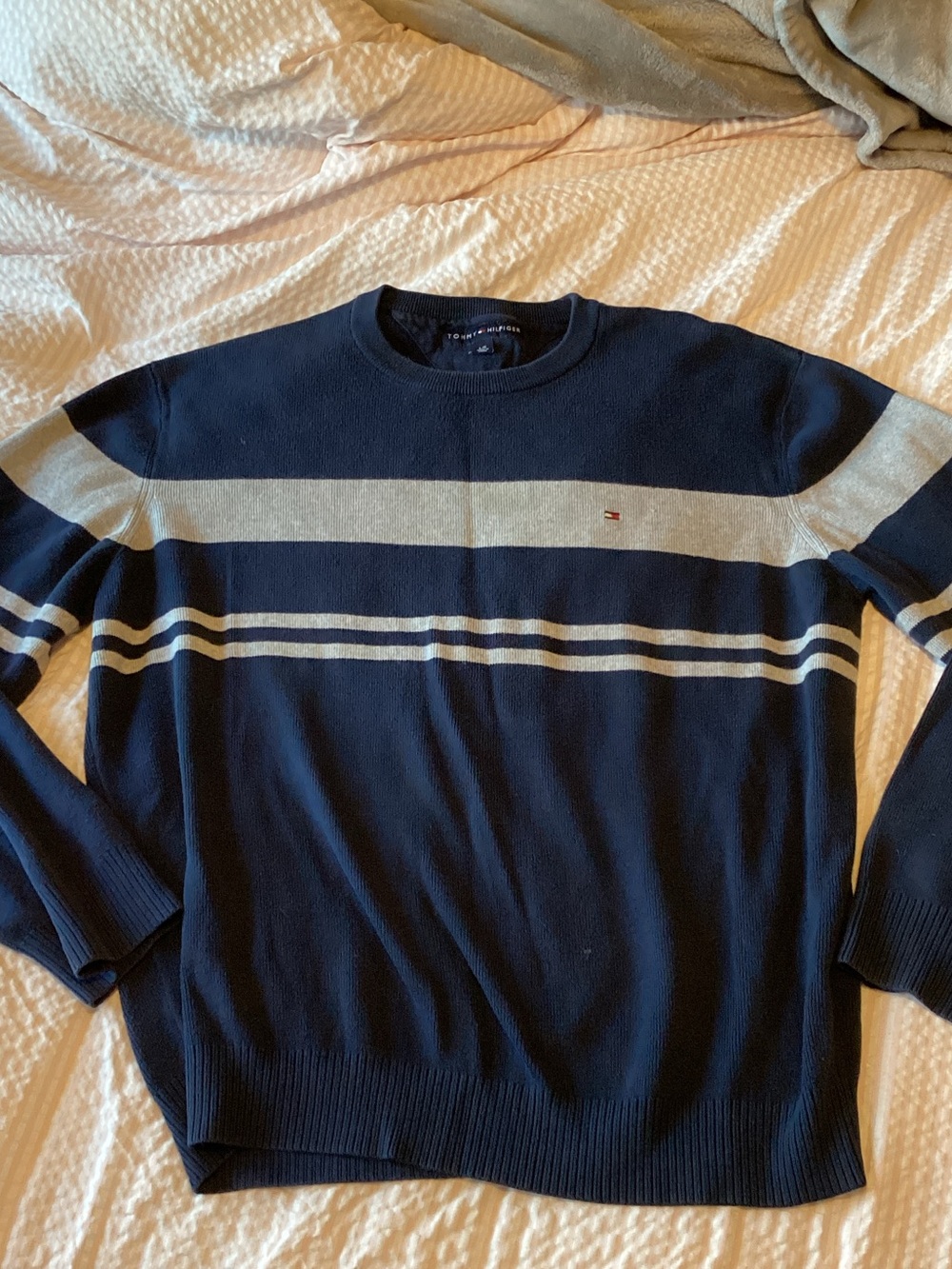 Tommy Hilfiger Navy Crewneck Sweater with Cream Stripes